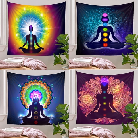 Polyester Yoga Meditation Tapestry Wall Hanging Seven Chakra Mandala Galaxy Bohemian Zen Spiritual Home Decor