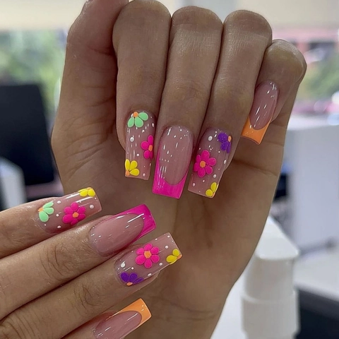 Press On Nails Mid Long Square Shape Colorful French Tips 3D Flower Print Artificial Fake Nails For DIY Manicure