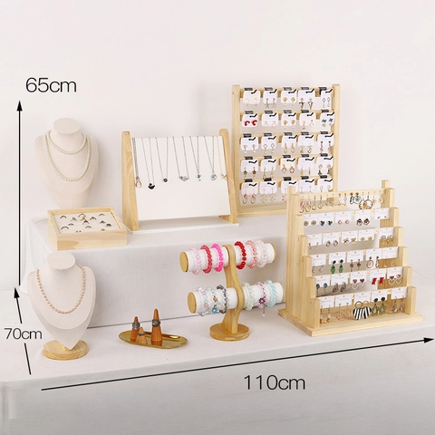 Solid Wood Jewelry Display Stand Earring Rack Necklace Holder Bracelet Organizer Ring Tray Desktop Rack