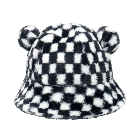 Plush Bucket Hat Faux Rabbit Fur Teddy Bear Ears Winter Warm Leopard Plaid Pattern Soft Thickened For Women