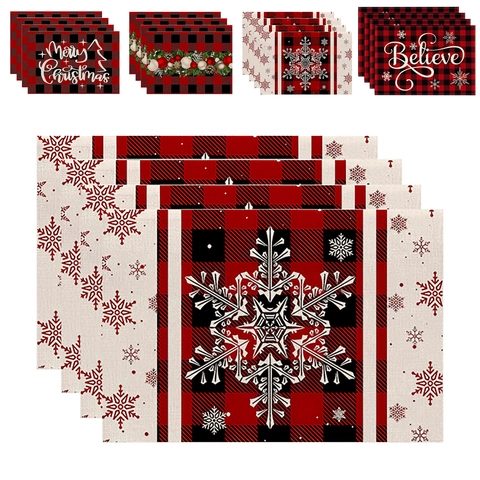 Christmas Placemats Fabric Heat Resistant Table Mats Buffalo Plaid Snowman Gnome Decoration Home Dining Kitchen Decor