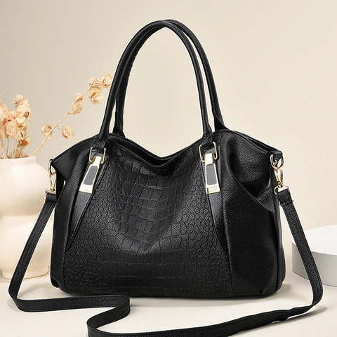 Handbag For Women Crocodile Pattern PU Leather Large Capacity Tote Bag Detachable Shoulder Strap Gold Hardware Elegant