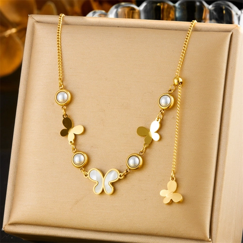 Collar Colgante Mariposa Acero Inoxidable Concha Blanca Imitación Perla Artificial Tono Oro Elegante Retro Forma Y Joyería Mujeres