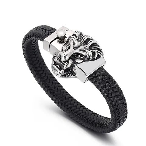 Pulsera De Cuero Trenzado Para Hombre Con Hebilla De Cabeza De León De Acero Inoxidable Estilo Punk Retro
