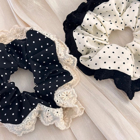 Polka Dot Spitzen Scrunchie Haargummi Polyester Vintage Elegant Retro Haar Styling Zubehör Für Damen Mädchen