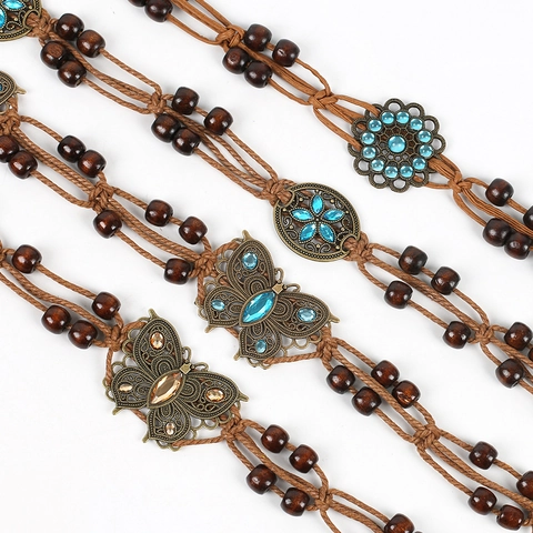 Bohemian Hand-Woven Waist Chain Vintage Butterfly Floral Decorative Belt With Wood Beads Rhinestone Braided Rope Tassel For Women Ethnic Style Accessory