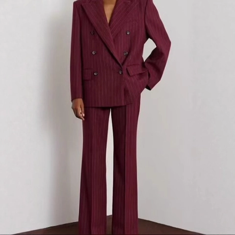 Blazer In Poliestere Doppio Petto E Pantaloni Da Donna Borgogna A Righe Manica Lunga Business Casual Stile Britannico Ufficio