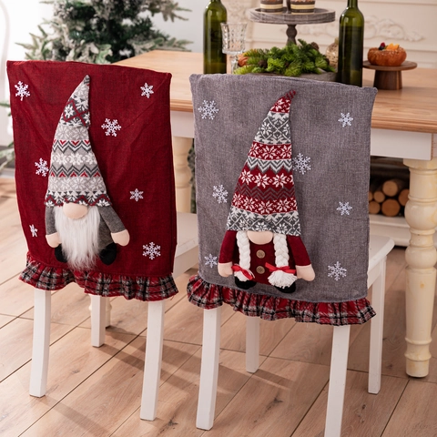 Fundas Para Respaldo De Silla De Gnomo De Navidad Lino Rojo Gris Cuadros Volantes Copo De Nieve Decorativo Para Comedor