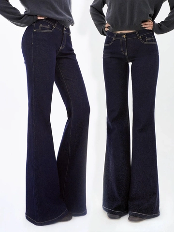 Damen American Vintage Schlagjeans Niedrige Taille Schlanke Passform Elastische Baumwolle Polyester Denim Dunkelblau