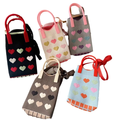 Women Knitted Mini Phone Bag Cute Cat Heart Pattern Crossbody Handbag Lightweight Polyester Portable Small Purse