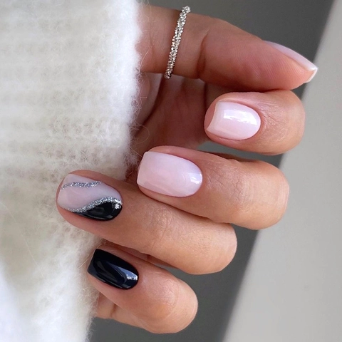 Press On Nails Short Square Glossy Pink Black Artificial Fake Nails With Silver Glitter For Women Manicure