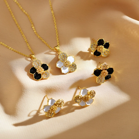 Bloem Ketting En Oorbellen Koper Micro Pave Zirkoon Emaille Elegant Minimalistisch Mode Voor Vrouwen