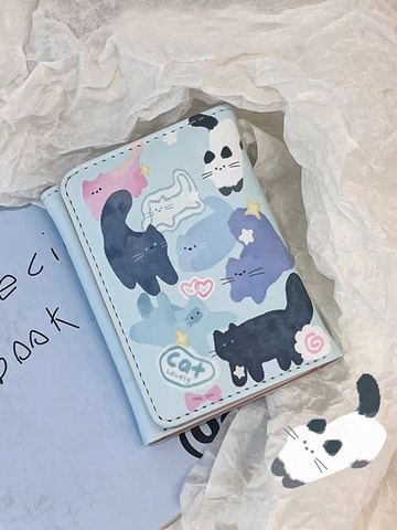 Simpatico Portafoglio Pieghevole In Tre Con Stampa Gatto Cartone Animato Pelle PU Porta Carte Portatile Per Studentesse Ragazze Blu