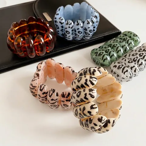 Leopard Print Acrylic Resin Elastic Bracelet Vintage Oval Chunky Wide Bangle For Women Fashion Jewelry