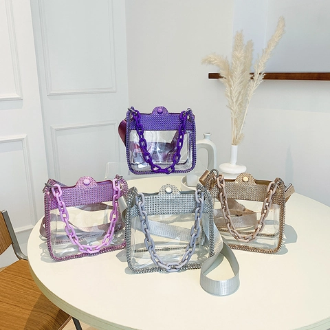 Fashion Transparent PVC Shoulder Bag Rhinestone Trimmed Small Square Crossbody With Chain Handle And Wide Strap