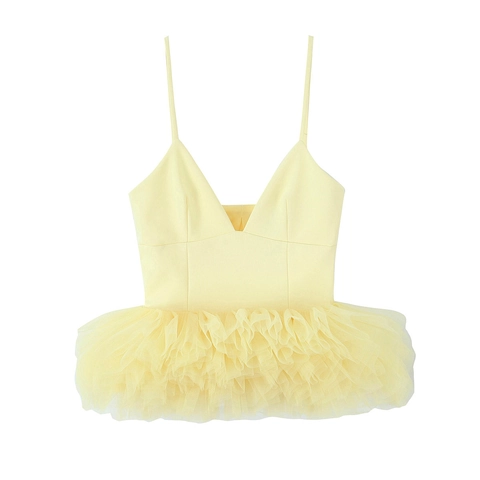 Damen Mesh Camisole Top V Ausschnitt Ärmellos Rüschen Tüll Saum Puff Streetwear Balletcore Hellgelb Elastisch