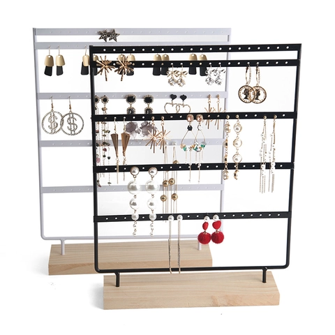 Earring Holder Stand Jewelry Display Organizer Iron Metal With Beech Wood Base Multi Layer Large Capacity Desktop Decor