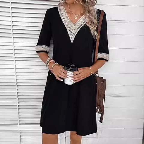Women Casual Cotton Lace Trim V-Neck Half Sleeve Midi Dress Loose Solid Color Crochet Patchwork Summer Vacation Dress