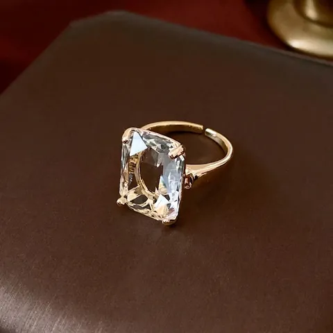 Anillo Abierto De Circón Rectangular Cobre Chapado En Oro De 14K Retro Lujo Joyería De Dedo Ajustable Para Mujer