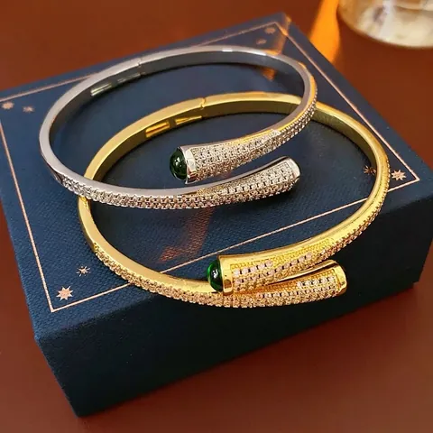 Bypass Open Bangle Bracelet Copper Full Paved Zircon With Green Resin Gemstones Luxury Fashion Vintage For Women