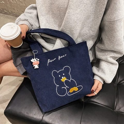 Frauen Cord-Einkaufstasche Große Kapazität Cartoon Bär Hase Stickerei Umhängetasche Japanischen Kawaii Täglich Schule Handtasche