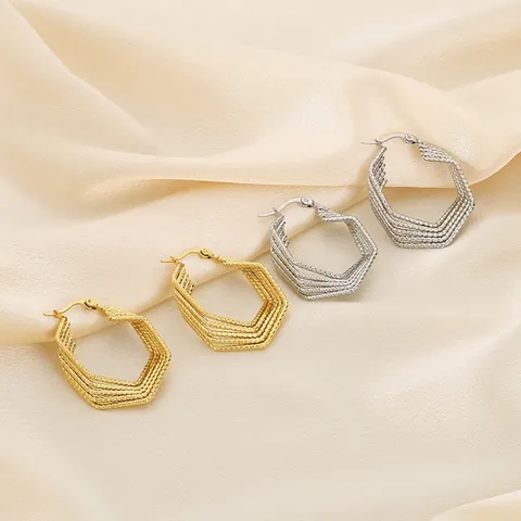 Pendientes De Aro Hexagonales De Varias Capas De Acero Inoxidable Con Textura De Cuerda Trenzada Vintage
