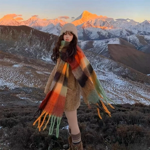 Sciarpa A Quadri Invernale Spessa Calda Scialle In finto Cashmere Lunghe Frange Nappine Stile Coreano