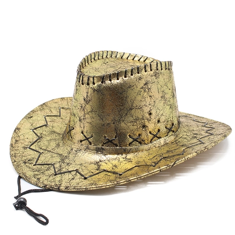 Western Cowboy Hat Faux Leather Cracked Retro Sun Protection Outdoor Beach Party Costume Adjustable Strap Unisex Stitching
