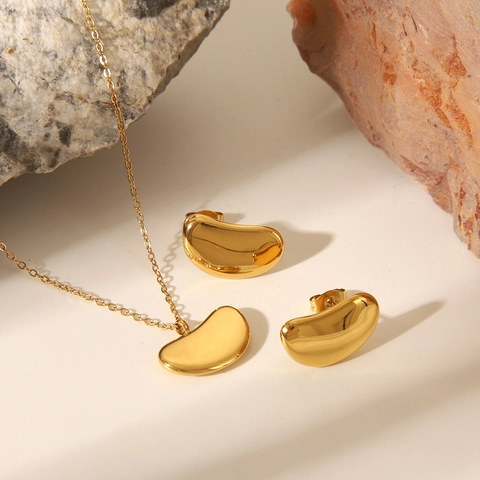 Minimalist Bean Jewelry Set 18K Gold Plated Stainless Steel Necklace Earrings Waterproof Tarnish Free For Women