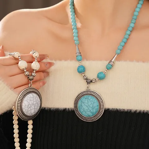 Collar Con Colgante De Piedra Redonda Estilo Étnico Bohemio Cadena De Cuentas De Aleación Retro Joyería Vintage