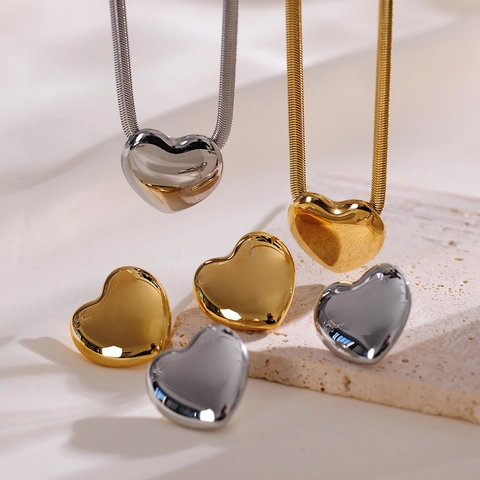 Puffy Herz Anhänger Halskette Und Ohrstecker Edelstahl Poliertes Metall Schlangenkette Modeschmuck Für Damen