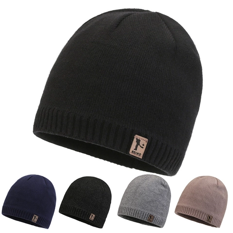 Winter Knitted Beanie Hat Warm Fleece Lined Ribbed Cuff Outdoor Casual Cap With Leather Patch For Men