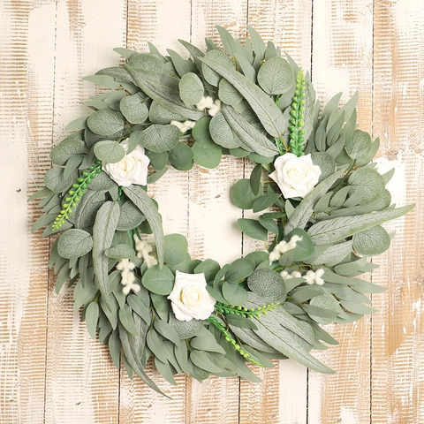 Artificial Wreath With Satin White Roses Eucalyptus Willow Leaves Plastic Frame Wall Door Decor Christmas Wedding Style