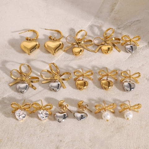 Bowknot Heart Zircon Stainless Steel Earrings For Women Romantic Fashion Gold Silver Color Ear Studs Jewelry