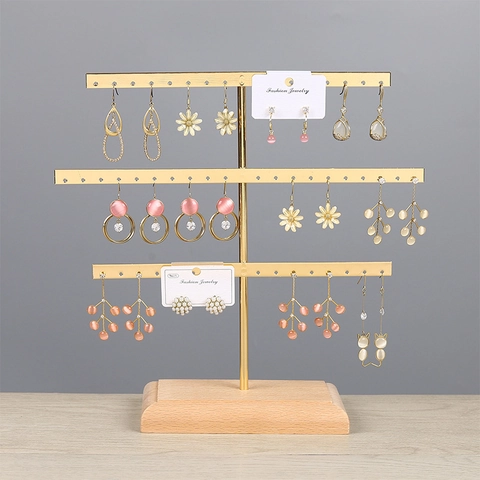 Earring Stud Jewelry Organizer Stand Holder Rack With Wooden Base Metal Frame Multi Tier For Home Boutique Display