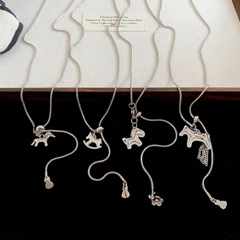 Luxury Horse Pendant Necklace Zircon Inlaid Copper Long Sweater Chain Silver Color Adjustable Snake Bone Jewelry Women
