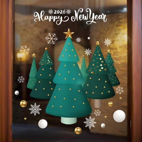 Christmas Tree Window Clings 2026 Happy New Year PVC Static Adsorption Sticker No Glue Double Sided Glass Decoration