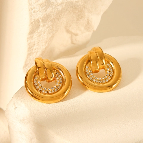 Ronde Hoop Oorbellen 18K Verguld Roestvrij Staal Met Fonkelende Steentjes Geometrische Vintage Mode Voor Dames