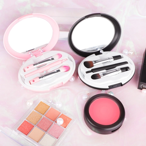 Portable Makeup Brushes With Mirror Storage Case Professional Travel Cosmetic Kit Synthetic Fiber Bristles Plastic Handle