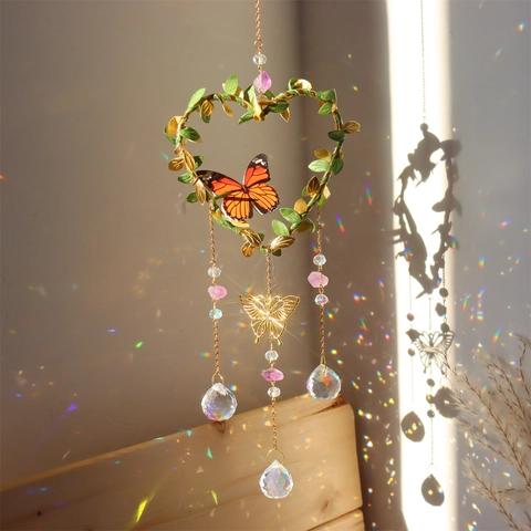 Crystal Suncatcher Wind Chime Moon Heart Star Shape Natural Amethyst Stone Butterfly Leaf Pendant Garden Window Decor