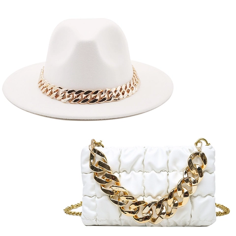 Dames Wollen Fedora Hoed Met Brede Rand En Gewatteerde PU Leren Schoudertas Met Dikke Ketting Decoratie Retro Luxe