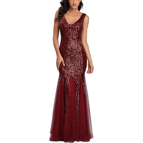 Sequin Evening Gown Deep V Neck Sleeveless Mermaid Formal Prom Maxi Dress For Women Elegant Gala Party Plus Size