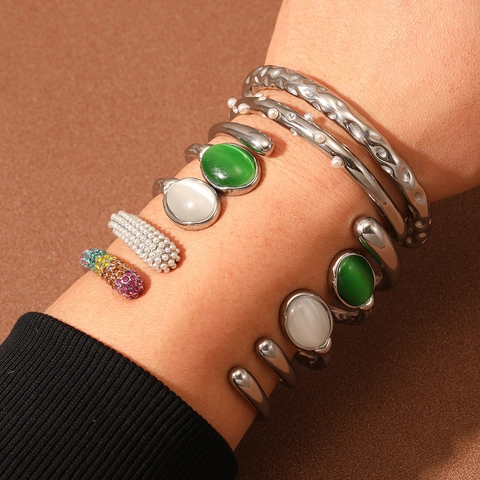 Open Cuff Bracelet Stainless Steel 18K Gold Plated Artificial Pearl Zircon Irregular Texture Lava Style Adjustable Jewelry Women