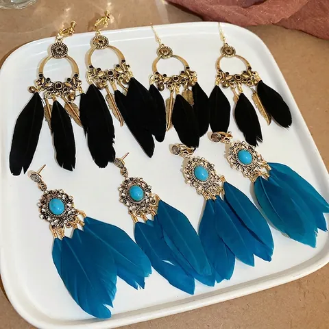 Bohemian Vintage Long Feather Tassel Drop Earrings With Alloy Turquoise And 925 Sterling Silver Earring Post Ethnic