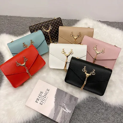 Women Retro Crossbody Bag PU Leather Small Square Handbag With Metal Deer Head Tassel Gold Chain Strap Elegant Fashion