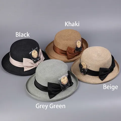Women Straw Sun Hat Paper Polyester Breathable UPF 50 Plus Sun Protection Foldable French Elegant Satin Bow Beach Bucket Hat