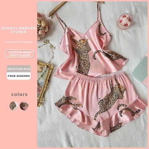 Dames Luipaardprint Pyjama Imitatie Satijn Satijn Cami Top En Shorts Met Ruches Mouwloze V-Hals Nachtkleding