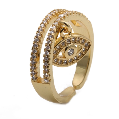 Evil Eye Pendant Adjustable Ring Copper Micro Pave Zirconia Double Layer Gold Plated Fashion Jewelry For Women