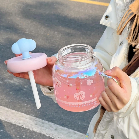 Iridescent Cloud Glass Cup With Handle Lid And Straw Kawaii Cute Cartoon Polka Dot High Borosilicate Glass Drinkware
