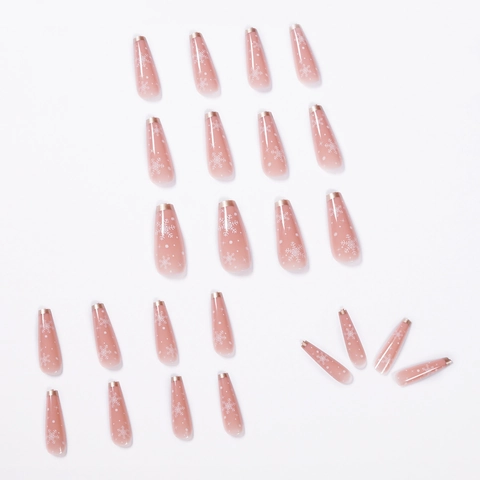 Unghie Finte Lunghe Forma Bara Sfumatura Rosa Nude Fiocco Neve Bianco Natale Inverno French Bordo Dorato Lucido Manicure